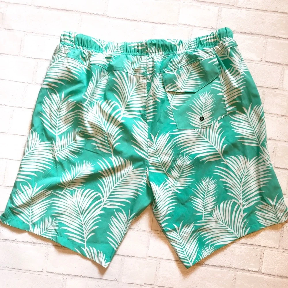 NWT No Retreat men’s green and white tropical leaf print swim trunks XXL